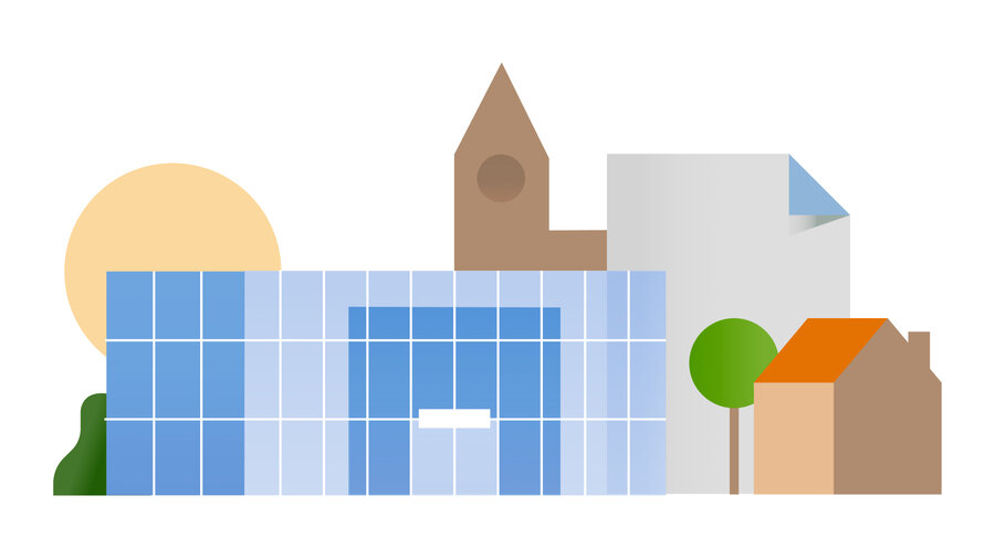 Illustratie van een gemeentehuis, ingekleurd in de huisstijlkleuren van gemeente Westland.